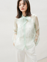 BEEWOOD Biwutong European Station Silk shirt Mint green Mulberry silk Beaded embroidered lace-up perspective shirt