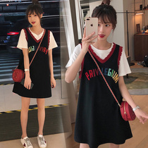 Pregnancy Woman Dress Summer Suit Net Red new Chauma Fashion style pure cotton T-shirt vest Skirt Minus age foreign air Two sets