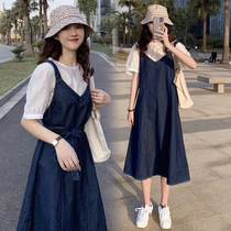 Pregnant Woman Tennis Red Suit Summer Fashion Models 2021 New Ocean Air Little Sub Denim Braces for dress Summer