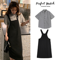 Pregnancy Woman Dress Suit 2021 New Summer Fashion style Ocean Gas Minus Age Plaid Shirt Braces Dress Casual two sets