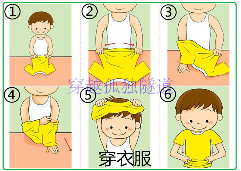 穿衣服,擦桌子,穿裤子,上厕所,脱裤子   每件事情都有一个总步骤图