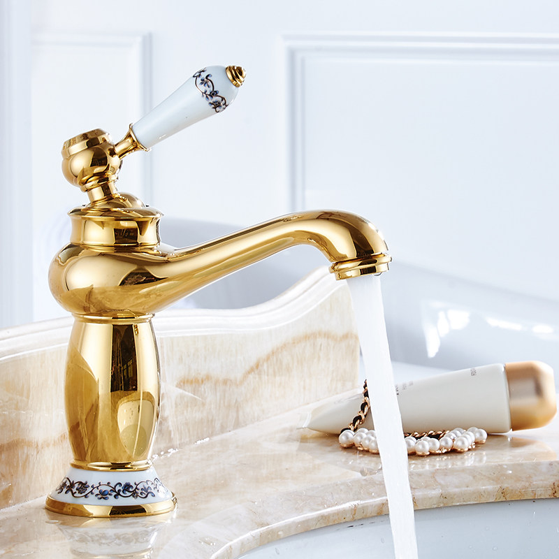 沐歌 金色龙头冷热欧式洁具龙头 铜青花瓷台盆龙头镀金烤漆水龙头_7折