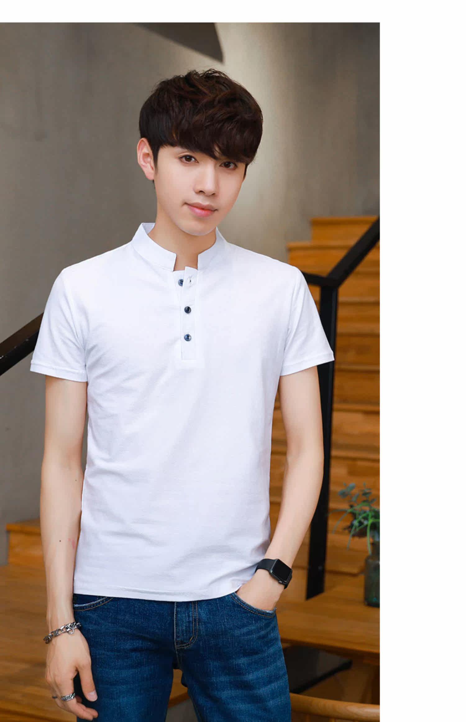 男士短袖t恤立领韩版修身薄款夏天休闲帅气体恤衫潮流polo衫夏装_来