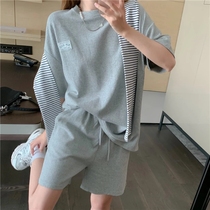 Cotton loose slim Sports Leisure set womens summer short sleeve shorts students Korean two-piece running clothes tide