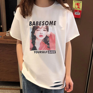 两件装网红白色短袖t恤女棉2019新款印花破洞ins潮韩版宽松中长款
