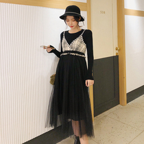 Maternity dress spring and autumn middle and long section spring tide mother black small fragrance spring suit Korean version of the two-piece suit
