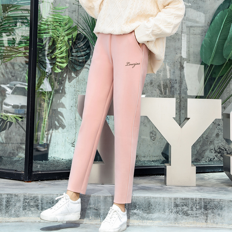 樱花裤女2019新款宽松加绒加厚玻尿酸秋冬季哈伦毛呢奶奶休闲裤女