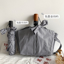 3fter Department of abstinence black and white grid ins automatic three-fold black adhesive sunscreen and portable and dual-use umbrella