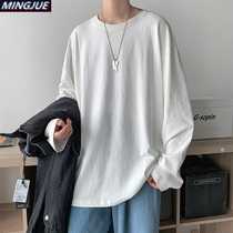 White long sleeve t-shirt men's spring fold through trendy port style round neck sweatshirt underwear bottoming shirt loose cotton top z