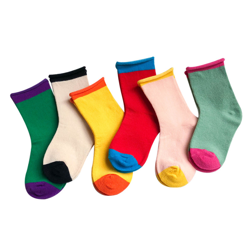 只一只儿童袜子春夏薄款纯棉撞色卷边短袜男童女童中筒袜学生潮袜