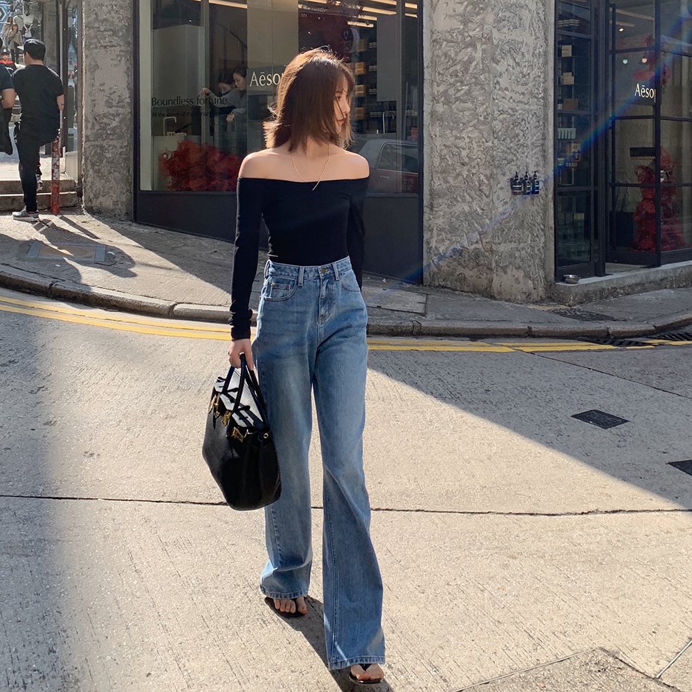 alicew花花家牛仔阔腿老爹喇叭裤春装2020款女高腰直筒拖地裤子