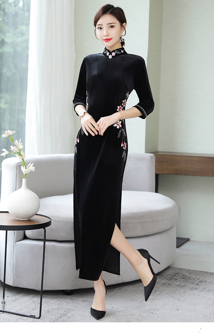 改良旗袍丝绒刺绣修身连衣裙贵夫人气质礼服晚宴服