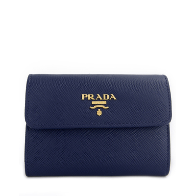 Prada/普拉达藏蓝色字母装饰时尚女士牛皮三折钱包