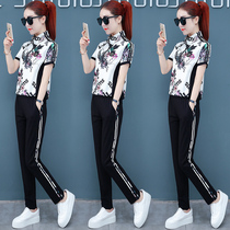 Womens sports set womens summer 2021 New Korean version of stand-up collar slim casual wear fashion summer two-piece tide