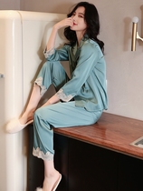 Japanese Pyjamas Womens Spring And Autumn Long Sleeves Lace Lace Lace Ice Silk Thin and Sexy Silk Extractable Suit