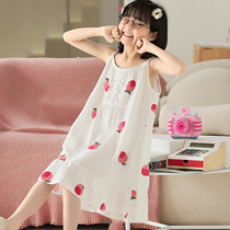 Childrens pajamas pure cotton gauze hanging sleepy dress girl summer short sleeve girl in the big child lovely mother and child clothing