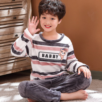 Zhongdai Coral Velvet Pajamas Youth Boys Autumn and Winter Thickened Set Flannel Junior High School Student Home Clothes