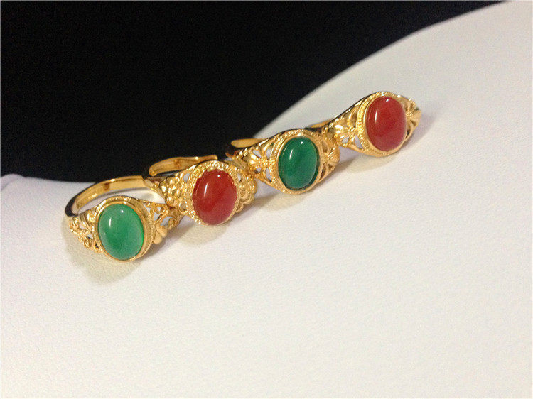 欧币保色不掉色戒指 仿黄金镶宝石板戒 女士活口沙金玉镀金戒指