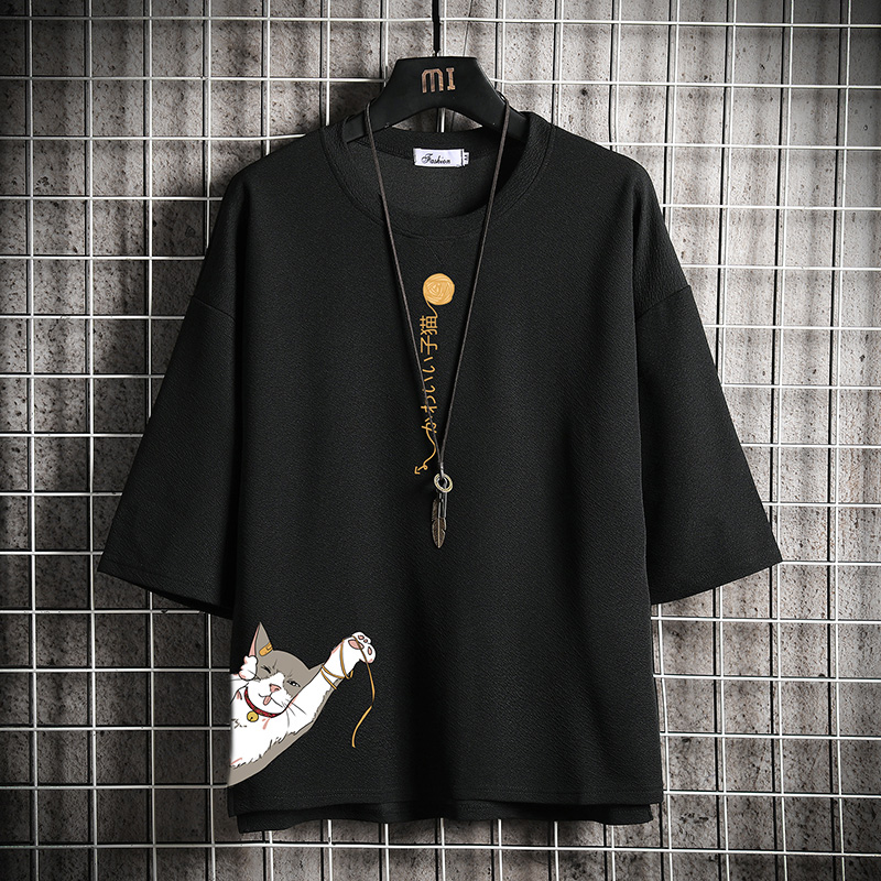 short sleeve summer japanese 3 / 4 sleeve t-shirt for men's loose fashion printed fat man half sleeve large 5 / 4 sleeve top