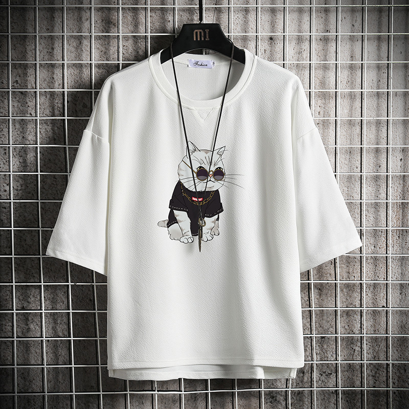 short sleeve summer japanese 3 / 4 sleeve t-shirt for men's loose fashion printed fat man half sleeve large 5 / 4 sleeve top