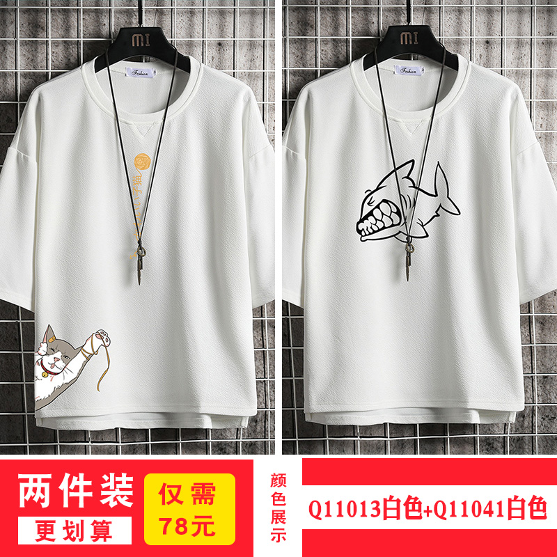 short sleeve summer japanese 3 / 4 sleeve t-shirt for men's loose fashion printed fat man half sleeve large 5 / 4 sleeve top