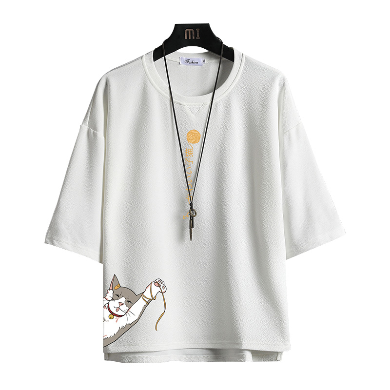 short sleeve summer japanese 3 / 4 sleeve t-shirt for men's loose fashion printed fat man half sleeve large 5 / 4 sleeve top