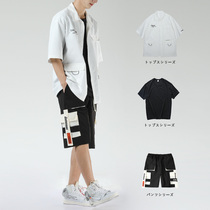 Tooling short sleeve shirt mens ruffian handsome mens set with handsome summer new Half sleeve on clothes three sets