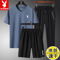 Playboy middle-aged Ice Silk quick-drying short-sleeved T-shirt mens V-collar middle-aged dad summer casual sports suit men