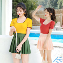 Swimsuit women cover belly thin conservative one-piece skirt hot spring bath suit small fresh Korean ins net red fairy fan