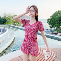 Swimsuit women cover the belly thin conservative one-piece skirt flat angle large size plaid hot spring small fresh students 2021 new