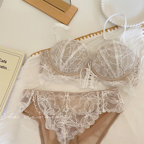 French lace gathers back milk anti-sagging non-rim underwear set summer Thin Thin thick bra