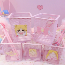 Pink cartoon pen holder desktop storage bucket bow beautiful girl iron storage box square makeup brush tube