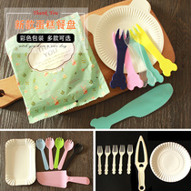 Birthday cake disposable dinner plate baking DIY birthday cake tableware five-piece set paper plate knife and fork set