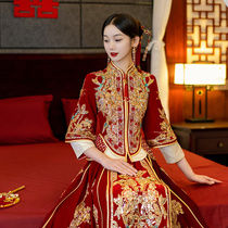 Xiuhefu 2022 new bride wedding Chinese wedding dress toast heavy work velvet luxury dragon and phoenix coat show and clothing