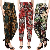 New spring and summer elderly womens big size casual trousers ice silk pajama pants thin cool flower pants flower pants