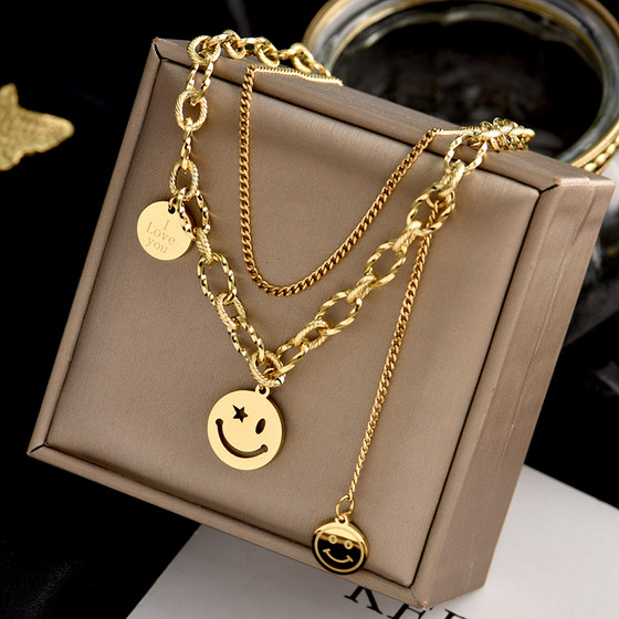 Titanium steel round brand smiley double -layer clavicle chain female hip -hop street cool girl thick chain accessories personalized necklace tide Titanium steel round brand smiley double -layer clavicle chain female hip -hop street cool girl thick chain accessories personalized necklace tide
