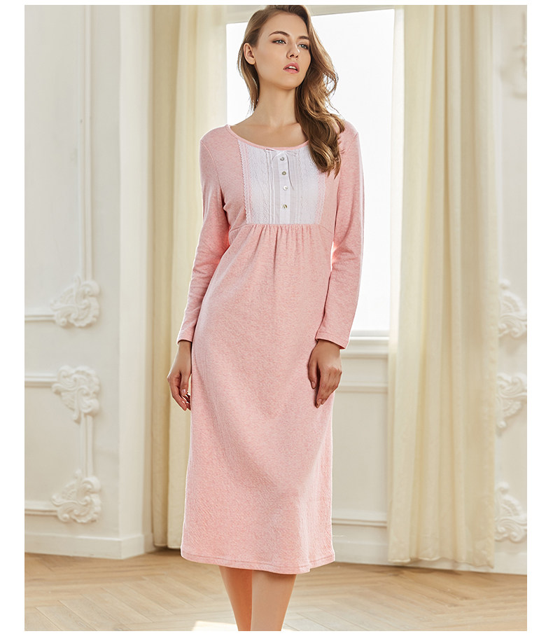 曼妮芬圆领长袖睡裙纯棉家居服春秋季全棉睡衣女款中长款甜美清新