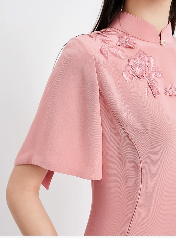 Pierre Cardin phụ nữ màu hồng in dài tay ngắn tay váy thời trang phụ nữ - váy đầm