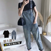 Pregnant women pants spring and autumn fashion wear denim strap pants summer thin pregnancy two-piece autumn wear