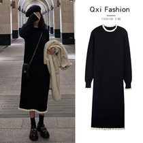 Pregnant women autumn suit sweater medium long 2020 black base knitted dress autumn and winter long skirt