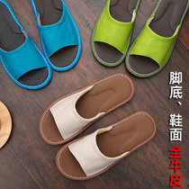 Cowhide leather slippers women Summer home home home bedroom sandals non-slip waterproof couple Mens wooden floor silent