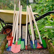 Courtyard time childrens gardening iron shovel rake solid wood long handle red and green color tools four-piece set