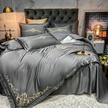 Bajia love light luxury summer double-sided silk European style four-piece quilt cover silky bed sheet bed hat embroidery 1 8m