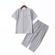 Summer pure cotton cloth for mens pajamas foreign trade Japan No Inprint Wind No collar Short sleeves shorts Cotton hemp Home Suits Suit