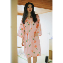 Sleeping robe woman Summer cute sweet and pure cotton cotton cloth bathrobes and sleeping skirts 70% sleeves Sweat Steamed Clothes Day Style Cotton Linen Pajamas