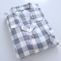 Spring Summer Mens Sleepwear Long Sleeve Pure Cotton Gauze Thin UNPRINTED WIND COTTON LINEN CASUAL PLAID HOME SUIT SUIT