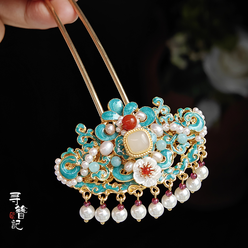 寻簪记原创手工复古汉服旗袍复古风发饰头饰烧蓝发钗 画堂春