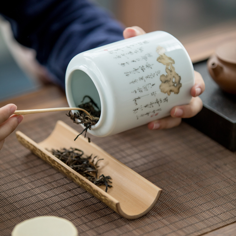 Vegetation school hand - made ceramic tea caddy fixings storehouse storage tanks white porcelain ebony cover seal pot tea tea taking with zero