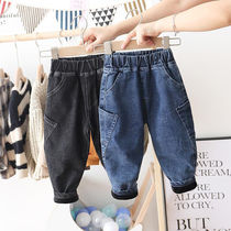 Boys plus velvet jeans autumn and winter small children plus velvet padded trousers baby Korean casual warm Haren pants