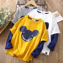 Boys T-shirt long sleeve cotton 2021 spring fake two pieces Spring and Autumn models for childrens T-shirt top base shirt tide
